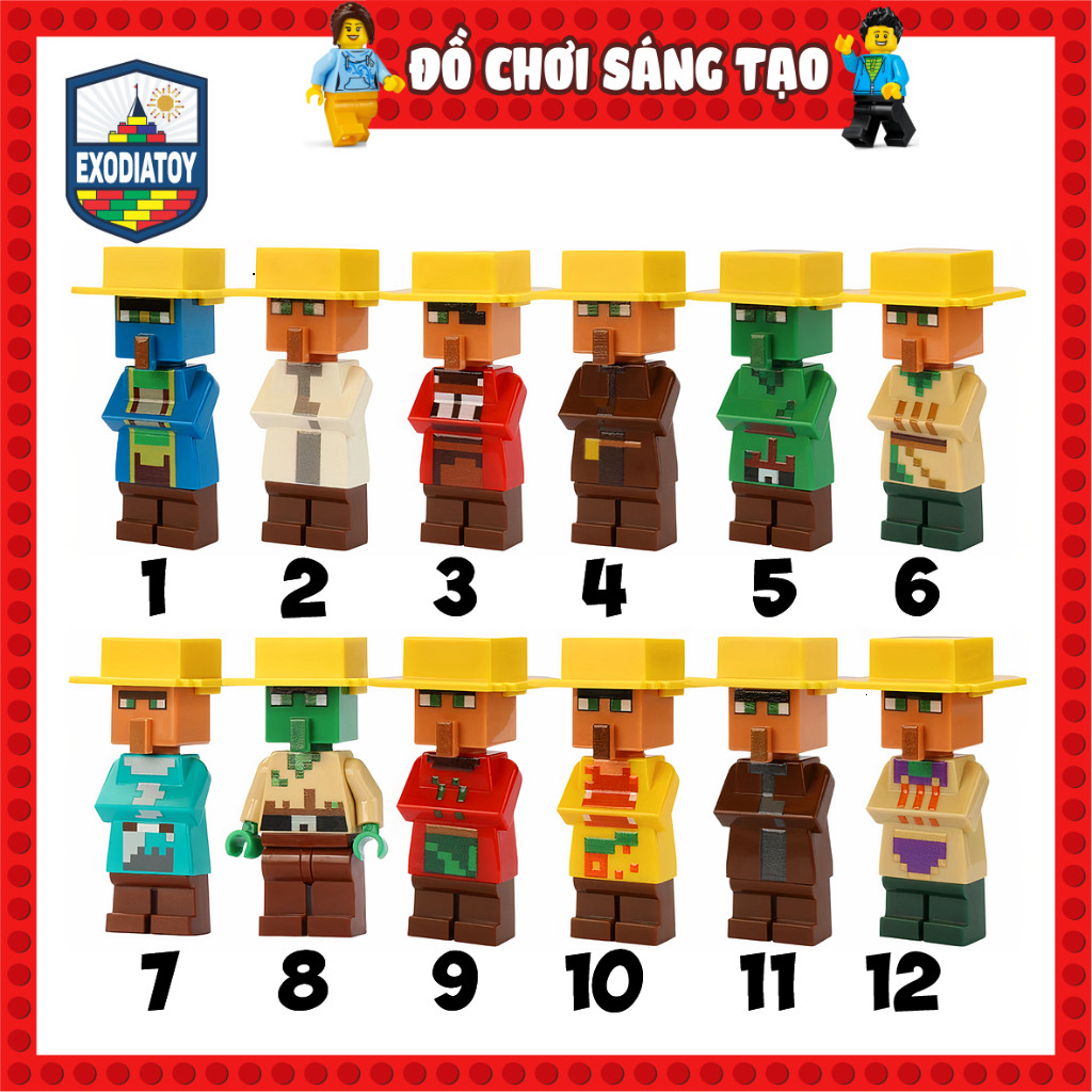 Mô hình Minifigure Minecraft Nhân vật Dân Làng và Nông Dân kèm Mũ Rơm - Đồ Chơi Sáng Tạo - MOC Minecraft