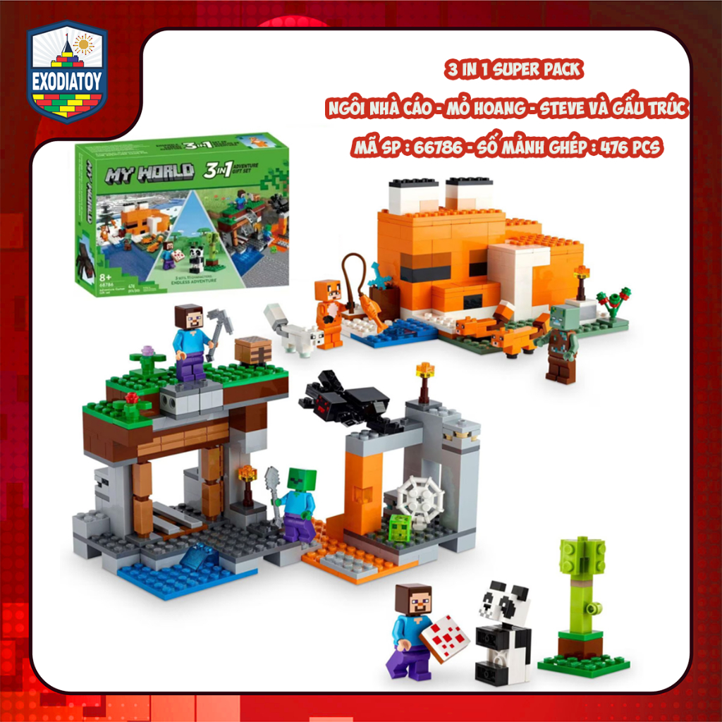 Mô hình 3 IN 1 Thế Giới My World Ngôi Nhà Cáo, Mỏ Hoang, Steve Và Gấu Trúc - LELE BROTHER 68786